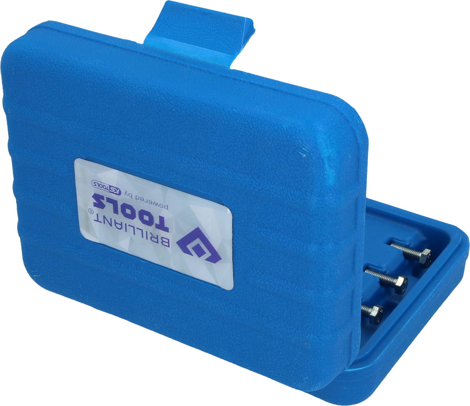 Niebieski kufer na narzędzia z napisem 'BRILLIANT TOOLS'. Po otwarciu widać wewnątrz pięć czarnych śrub.