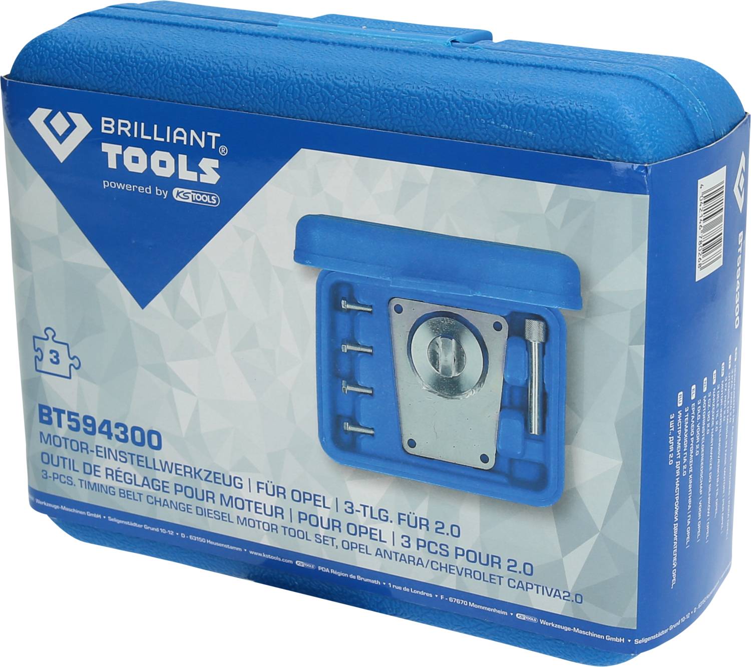 Niebieski kufer z zestawem narzędzi do regulacji silnika do Opla. Zestaw zawiera specjalistyczne narzędzia do ustawiania sterowania silnikiem.