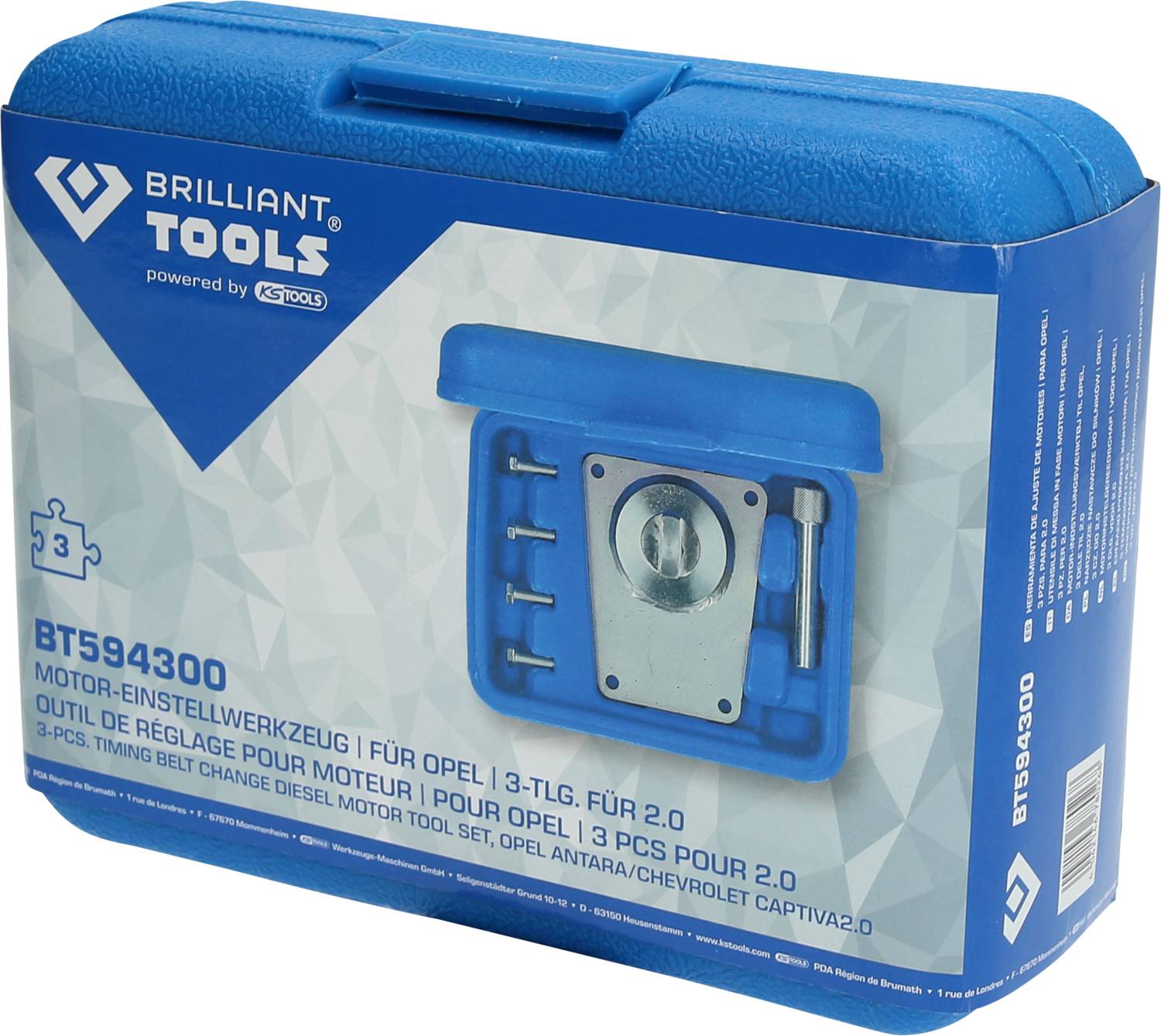 Niebieski zestaw narzędzi firmy Brilliant Tools z napisem 'BT594300 Narzędzia do ustawiania silnika do Opla | 3-częściowy do 2.0'.