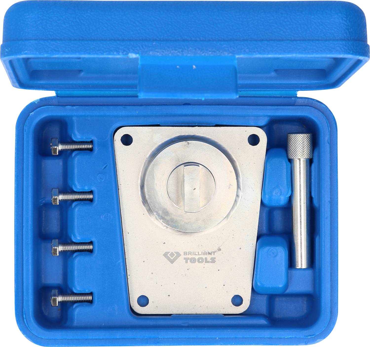 Niebieski skrzynka narzędziowa zawiera okrągłe narzędzie metalowe, cztery śruby i srebrny uchwyt. Odpowiedni do specjalistycznych napraw.