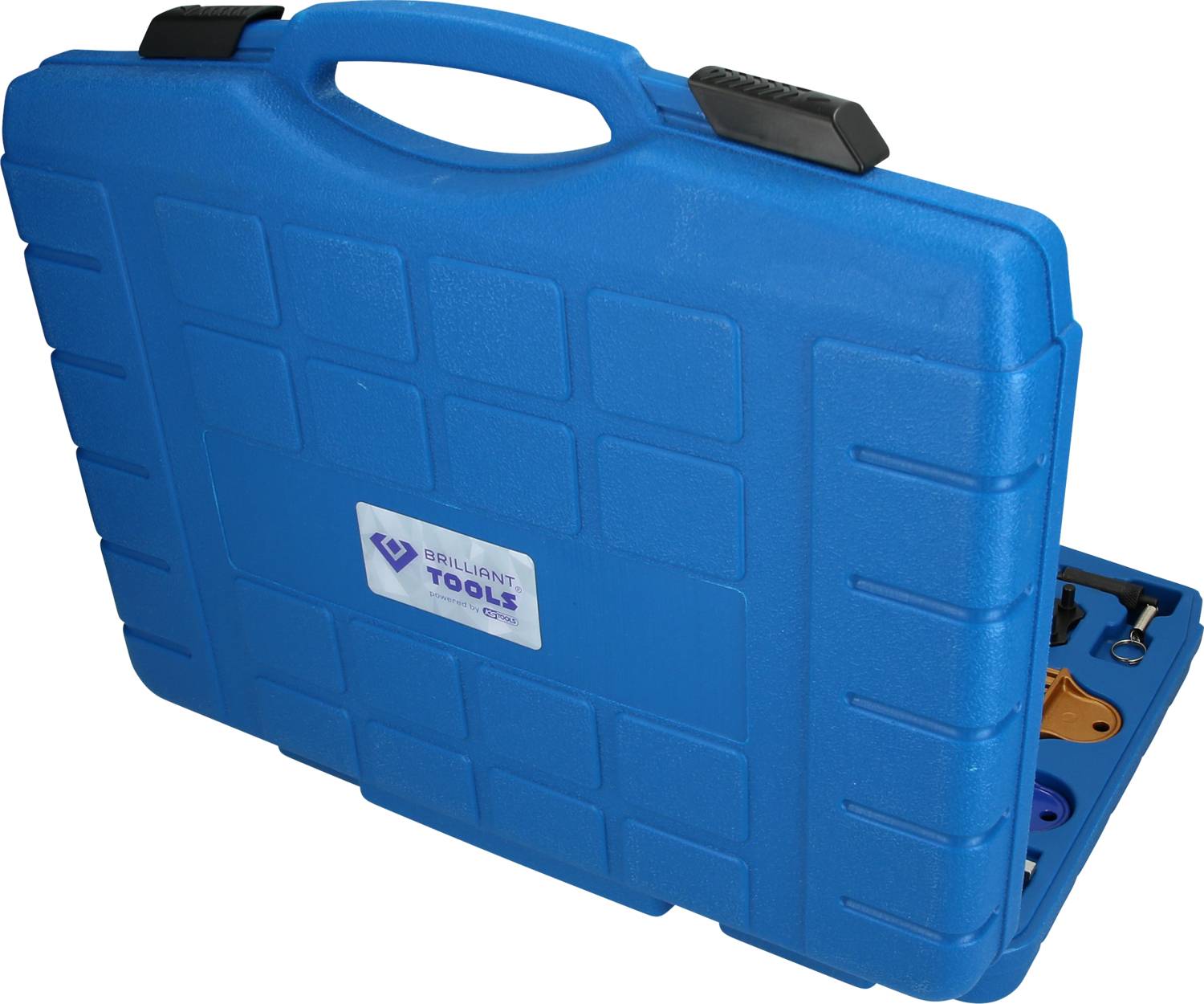 Niebieski kufer na narzędzia z ciemnoniebieskimi uchwytami, częściowo otwarty. Etykieta przedstawia 'Brilliant Tools GmbH', niektóre narzędzia są widoczne.