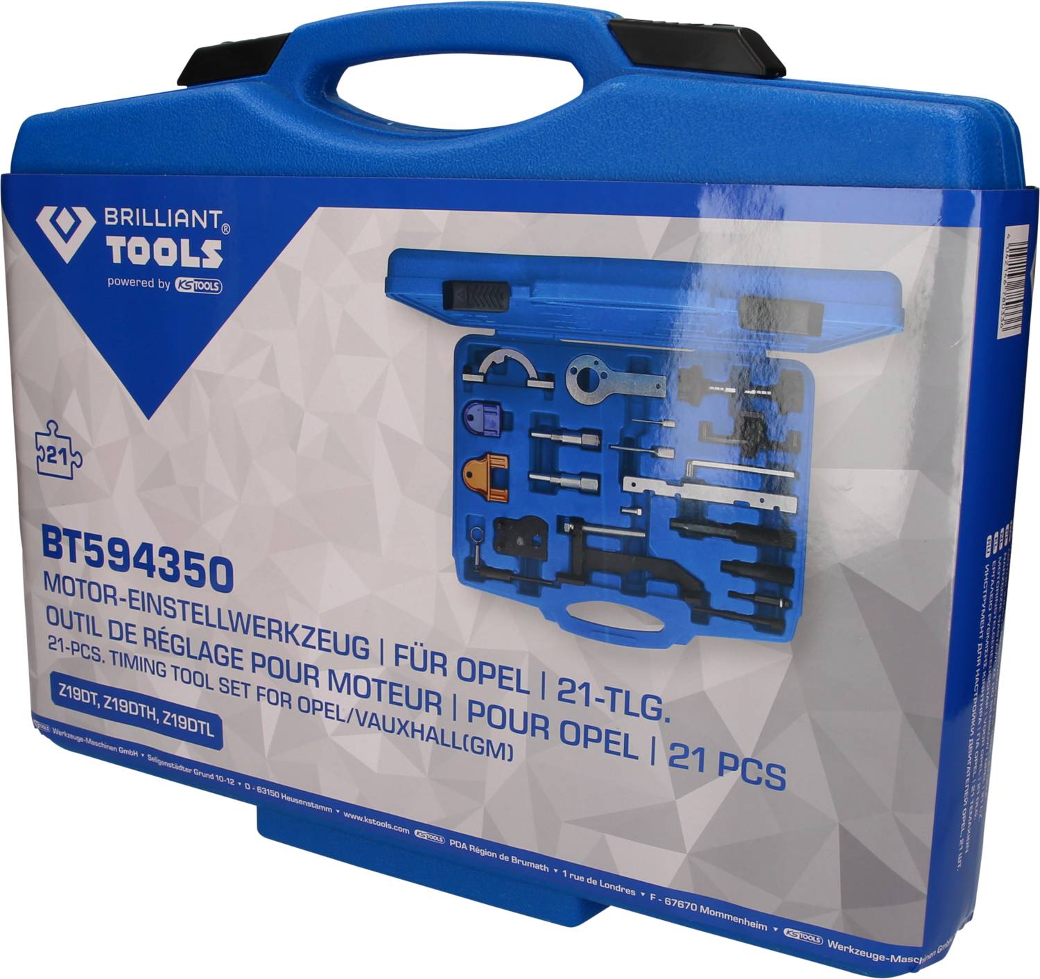 Niebieski kufer z 21-elementowym zestawem narzędzi do regulacji silnika do Opla. Zawiera różne narzędzia specjalistyczne, idealne do napraw samochodowych.