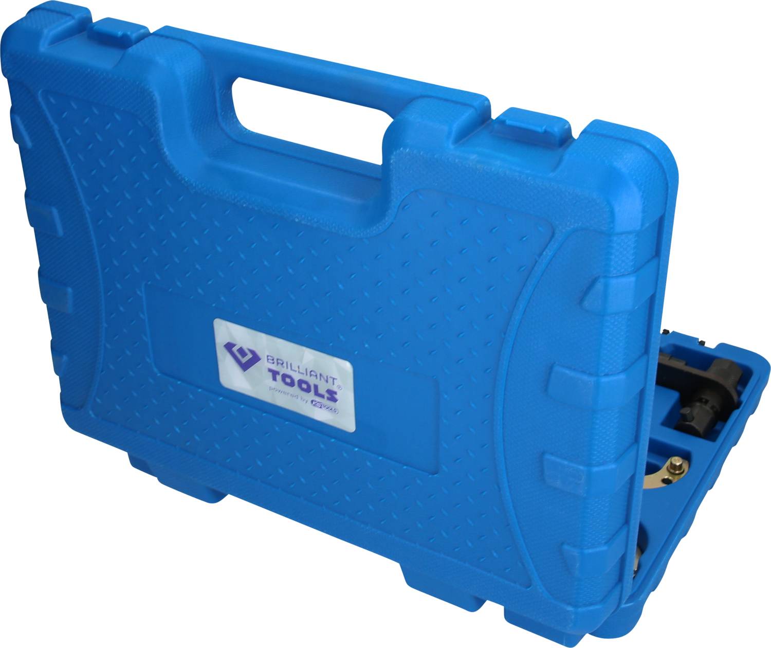 Niebieski futerał na narzędzia z uchwytem, częściowo otwarty. Napis 'Brilliant Tools' na przedniej stronie. Zawiera narzędzia naprawcze.