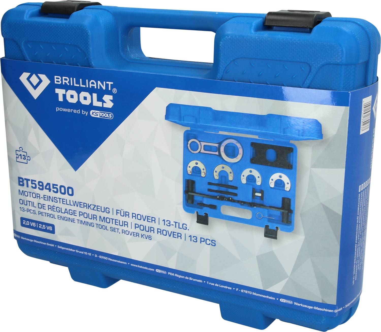 Niebieski kufer z napisem 'Brilliant Tools BT594500 Narzędzie do ustawiania silnika do Rover, 13-częściowe'. Ilustracja narzędzia na przedniej stronie.