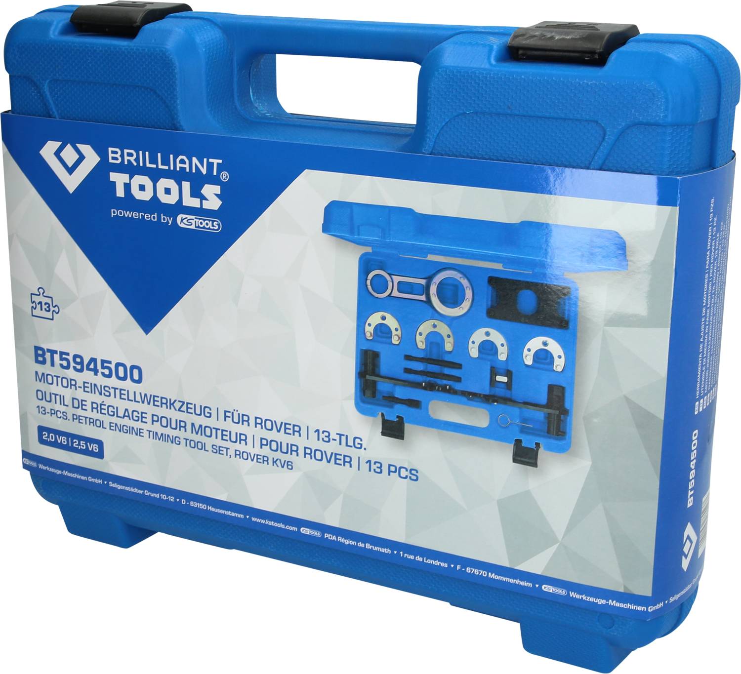 Niebieski kufer narzędziowy z napisem 'Brilliant Tools'. Zawiera 13-częściowy zestaw narzędzi do ustawiania silnika samochodów marki Rover.