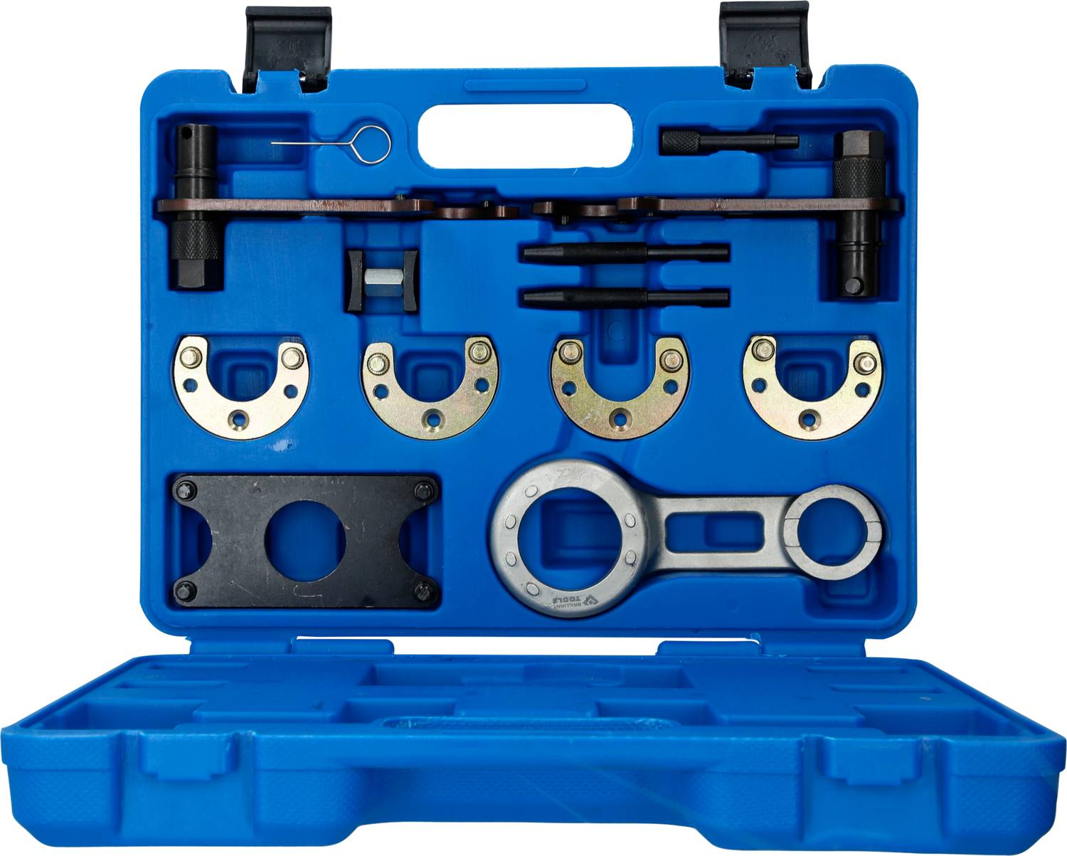 Niebieski plastikowy kufer z narzędziami samochodowymi, takimi jak ściągacze i klucze, z dokładnie dopasowaną wkładką piankową zapewniającą łatwą organizację.