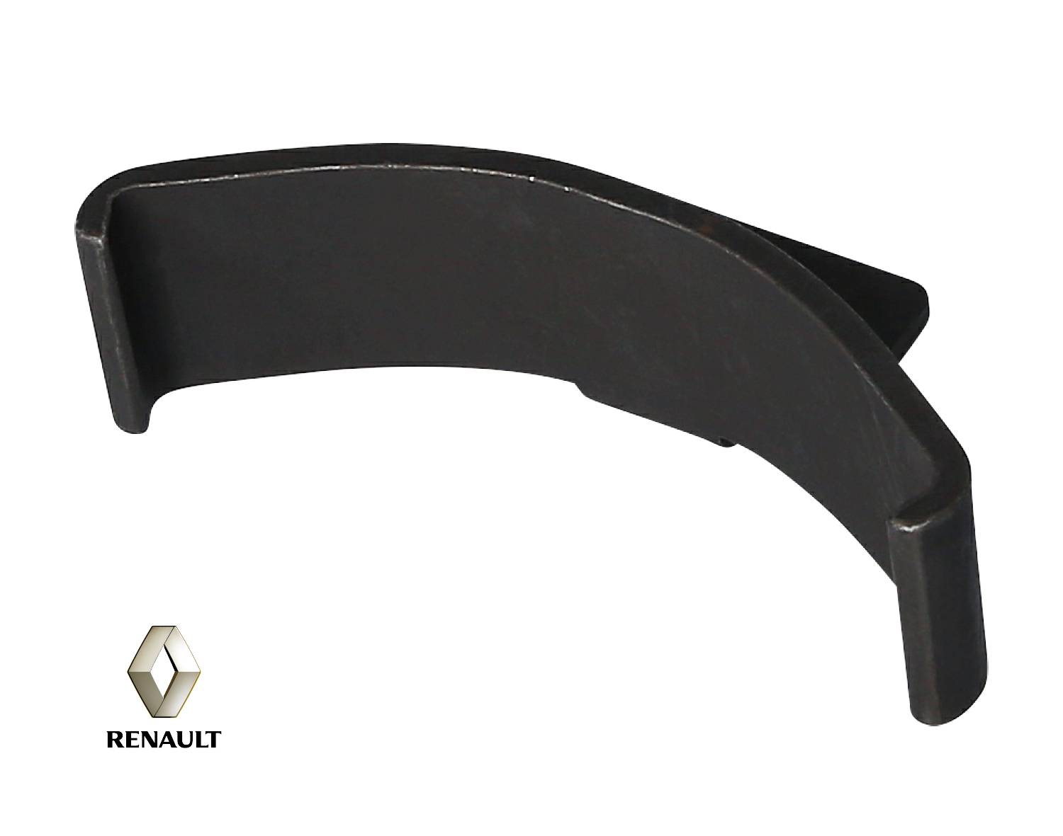 Czarna, zakrzywiona część samochodowa przedstawiona na białym tle. W lewym dolnym rogu logo Renault.
