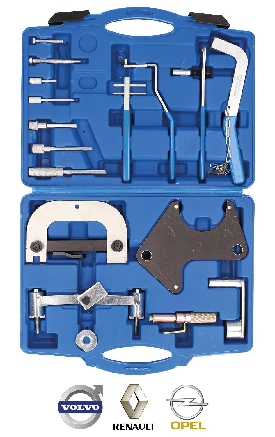 Niebieski kufer narzędziowy ze specjalistycznymi narzędziami do sterowania silnikiem, na dole logotypy Volvo, Renault i Opla. Odpowiedni do napraw samochodowych.