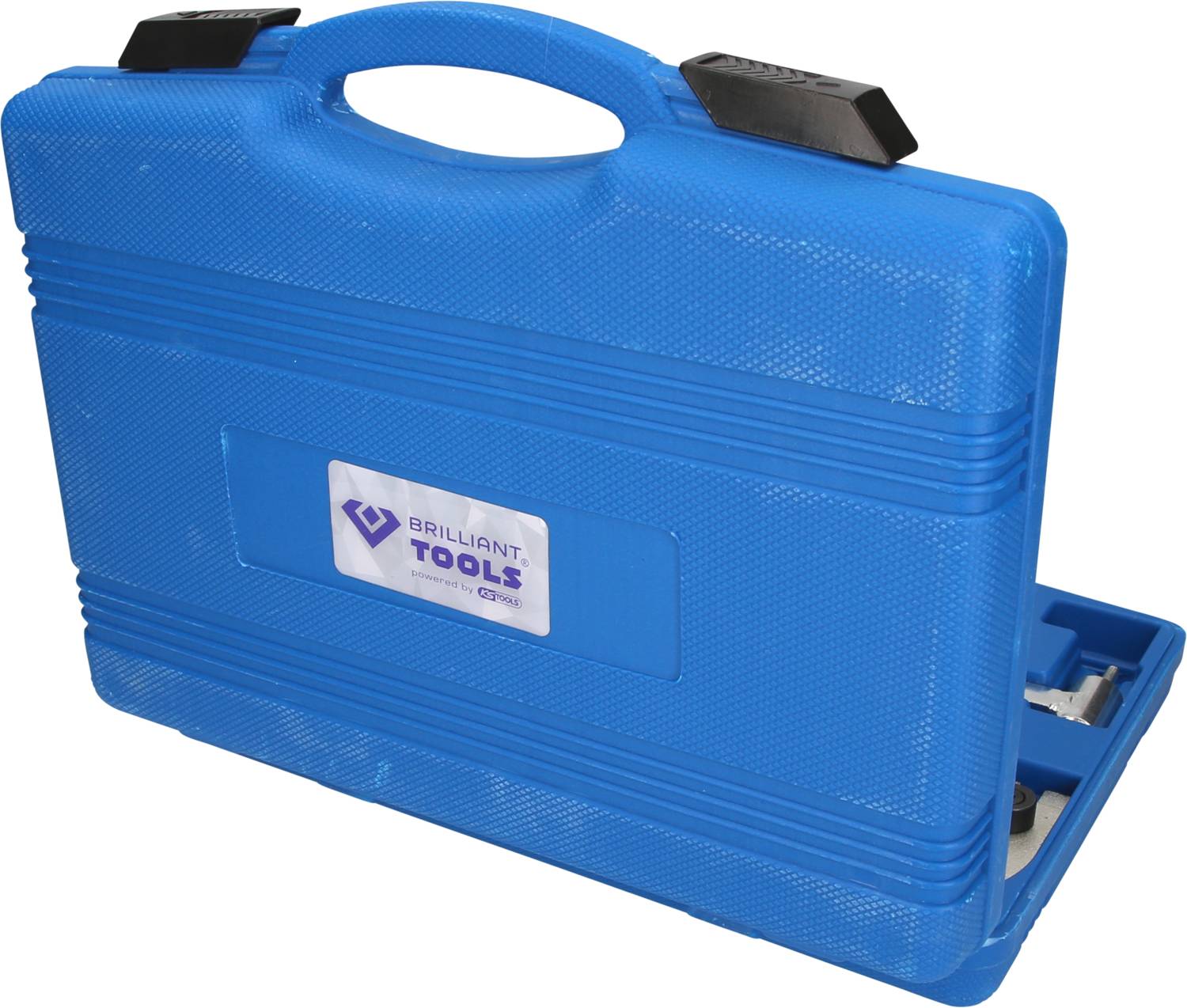 Niebieski kufer na narzędzia z uchwytem, z napisem 'Brilliant Tools' na przedniej stronie; częściowo otwarty, zawierający narzędzia.