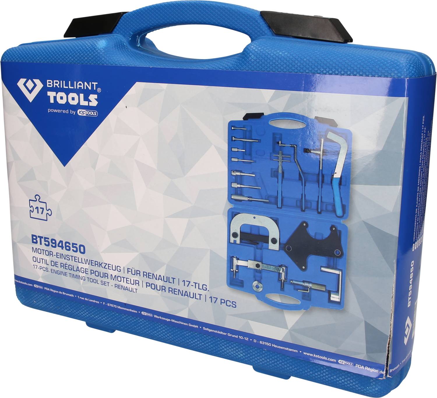 Niebieski kufer z logo 'Brilliant Tools' przedstawiający 17-częściowy zestaw narzędzi do ustawiania silnika do samochodów Renault. Wewnątrz znajduje się ilustracja zawartych narzędzi.