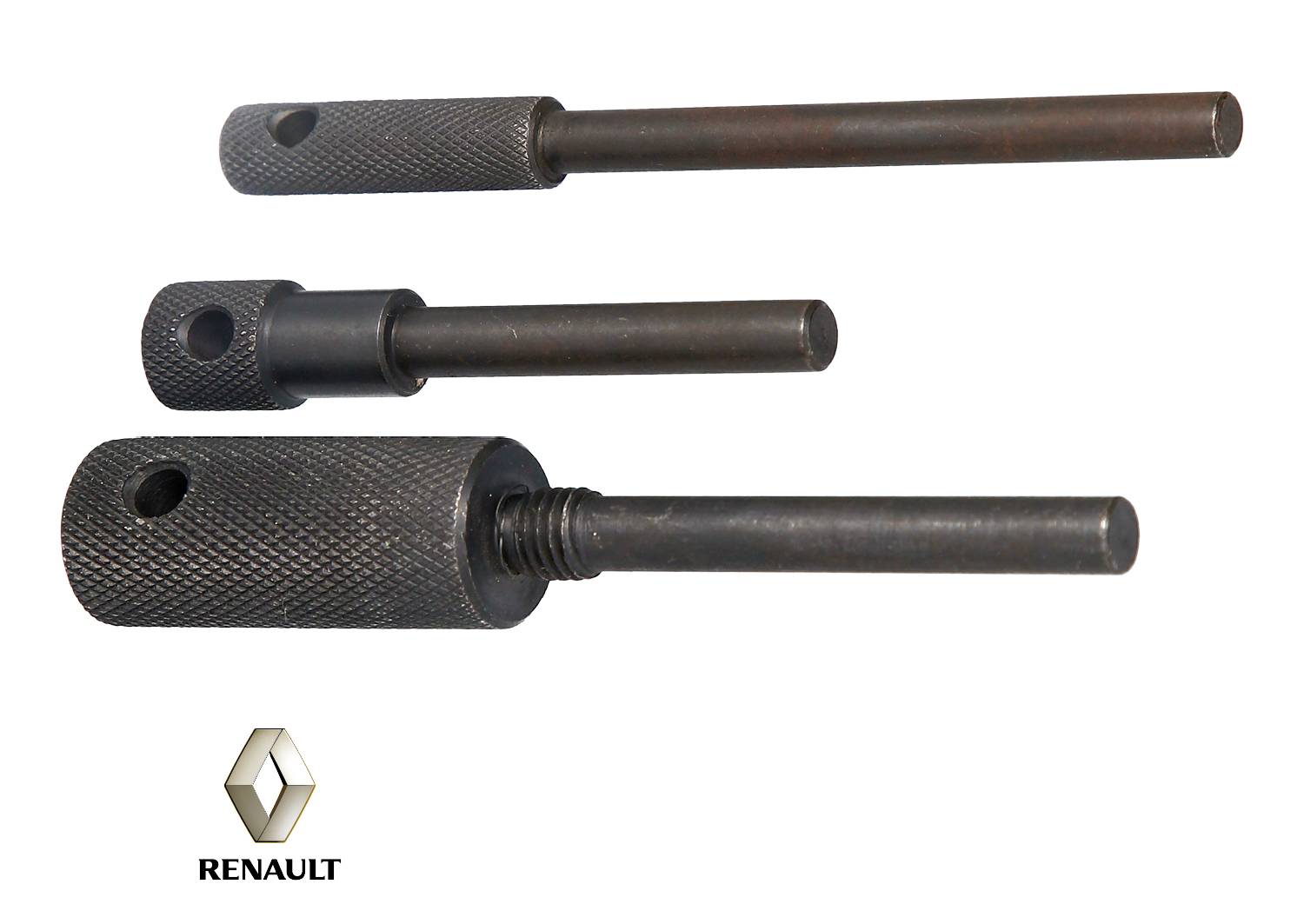 Trzy stalowe pióra techniczne o różnych rozmiarach, cylindryczne i żłobkowane, leżą równolegle. Logo Renault w lewym dolnym rogu.