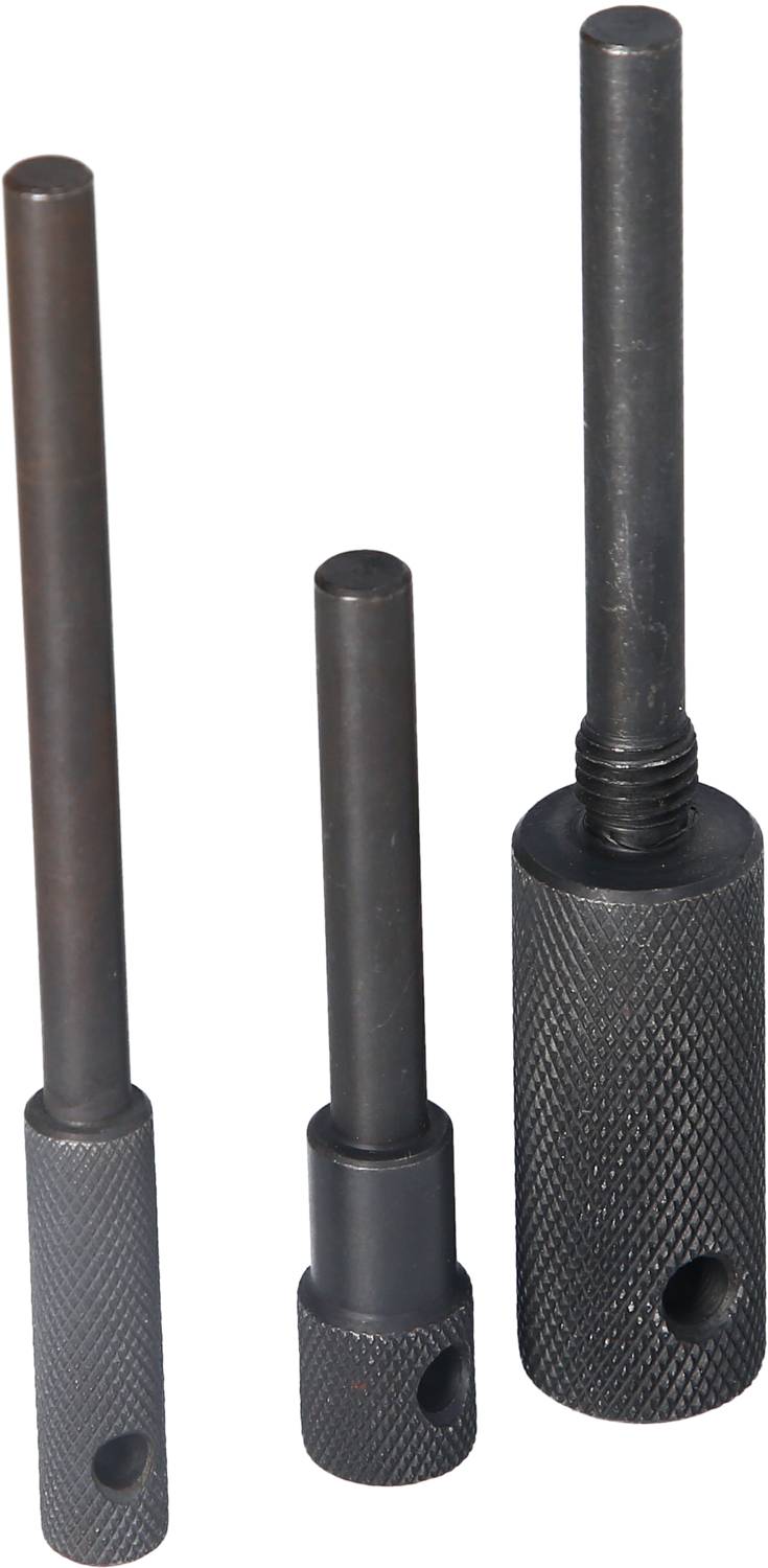 Trzy czarne, cylindryczne narzędzia metalowe o różnych długościach i średnicach, stojące pionowo, z teksturowanymi uchwytami.