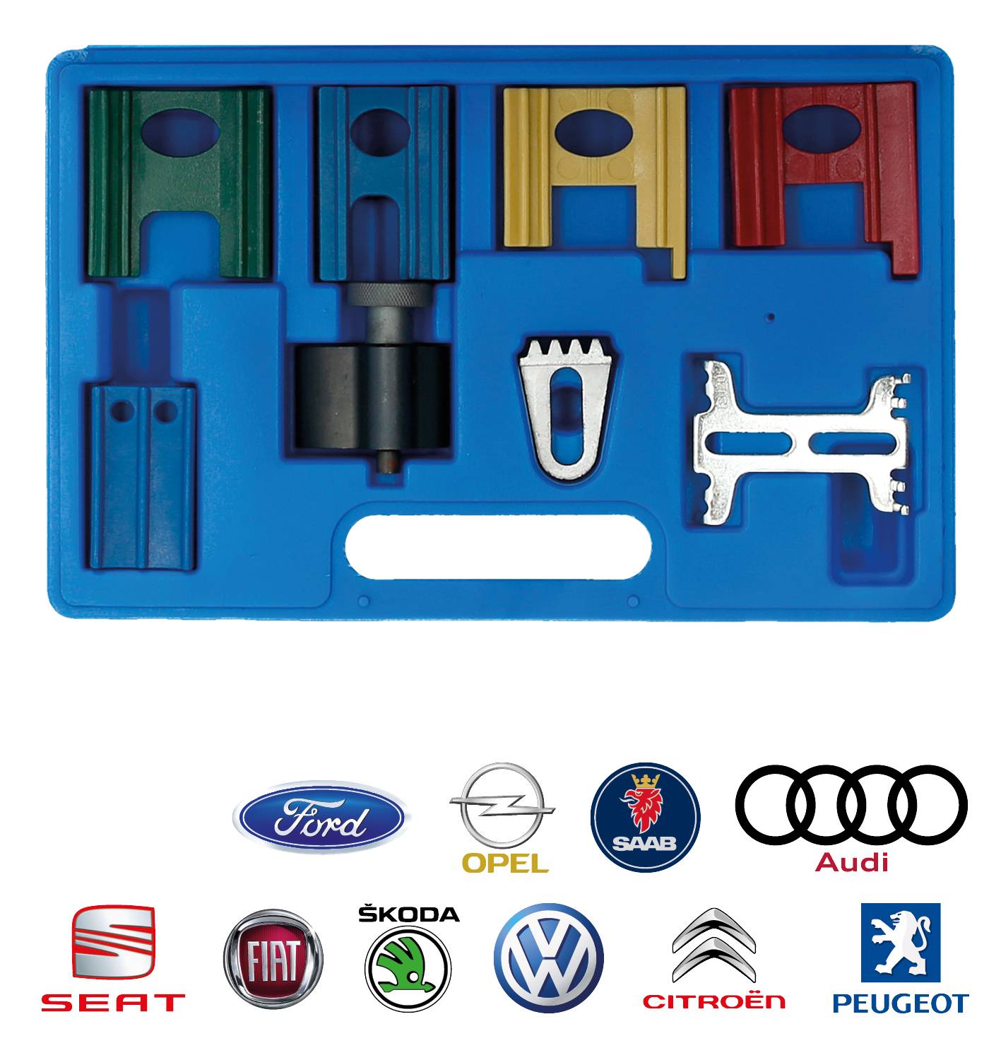 Zestaw narzędzi w niebieskim pudełku z różnymi częściami do naprawy samochodów. Wśród nich znajdują się logo marek takich jak Ford, Opel, Saab, Audi, SEAT, Fiat, Škoda, Volkswagen, Citroën, Peugeot.