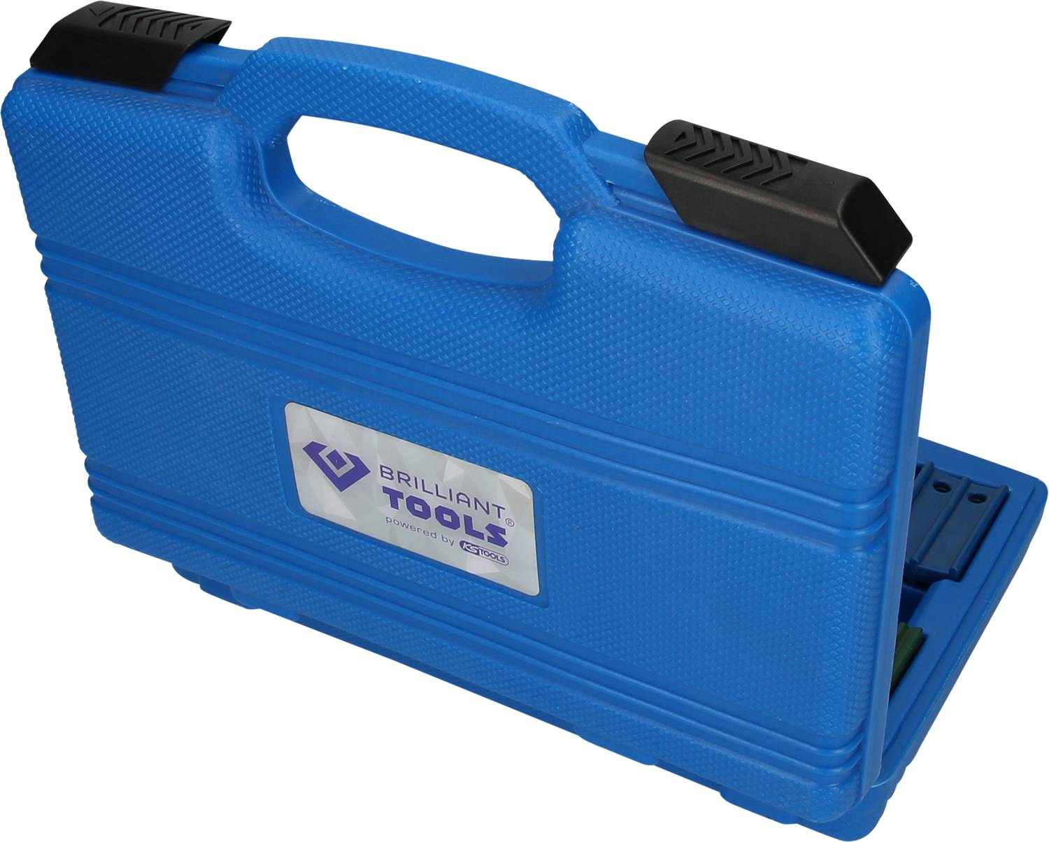 Niebieski plastikowy kufer na narzędzia z uchwytem, na którym widnieje napis 'Brilliant Tools'. Kufer jest zamknięty i stoi pionowo.