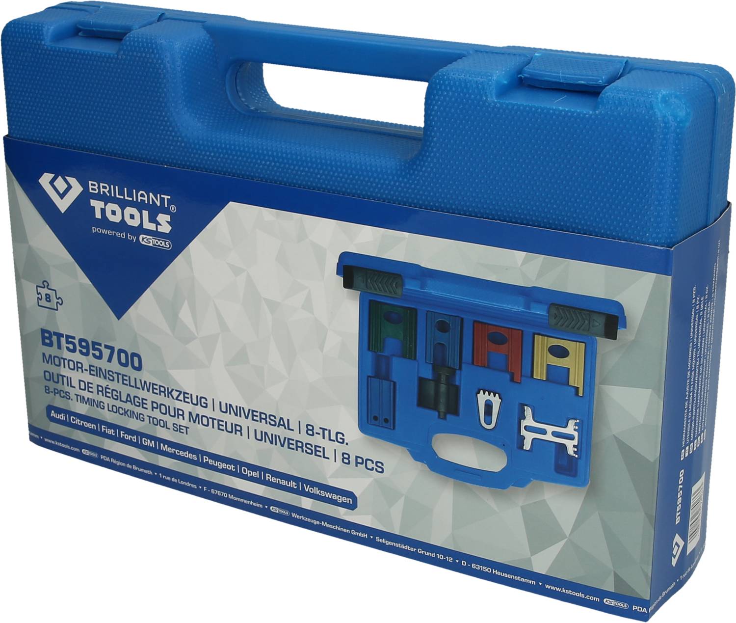 Niebieski kufer z zestawem narzędzi samochodowych, oznaczony jako 'Brilliant Tools BT595700', odpowiedni dla różnych marek samochodowych.