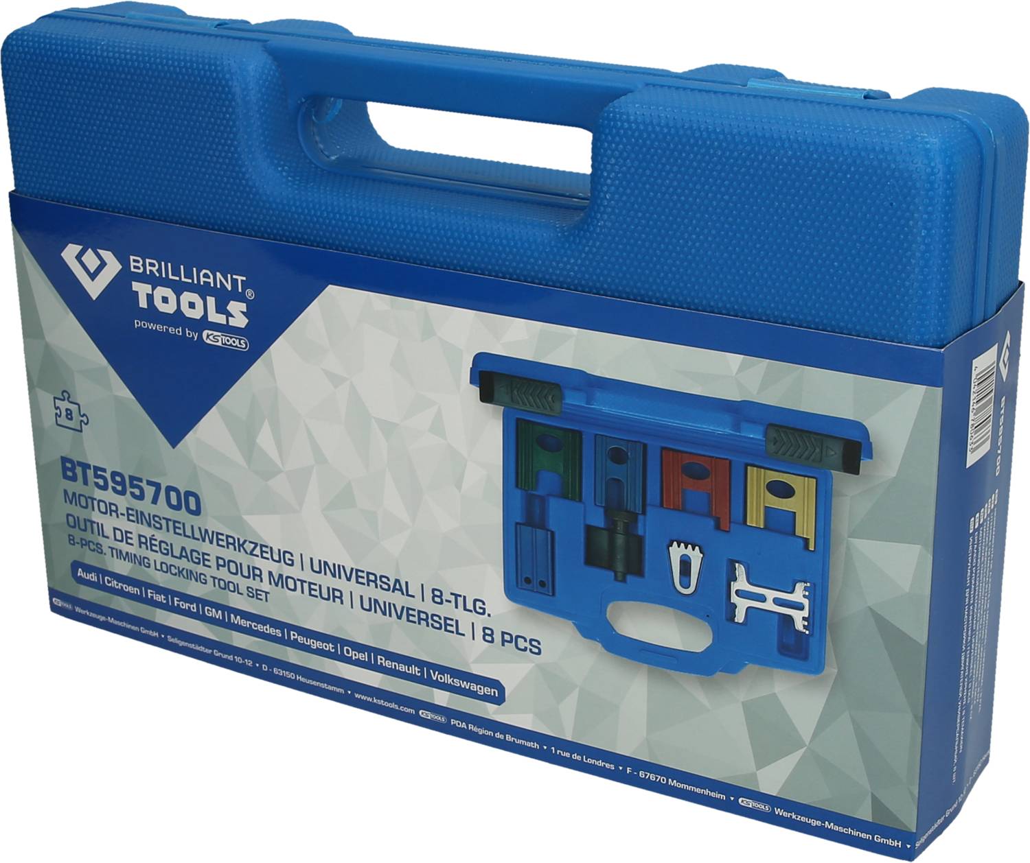 Niebieski kufer narzędziowy z napisem 'Brilliant Tools BT595700'. Zawiera 8-częściowy zestaw narzędzi do ustawiania silnika, uniwersalny w zastosowaniu.