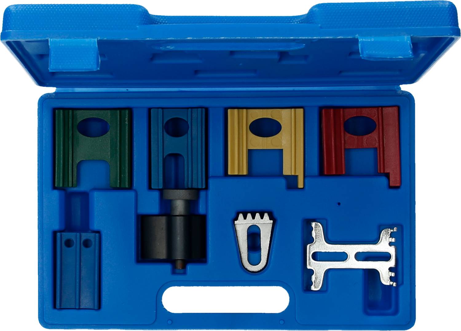 Niebieska skrzynka narzędziowa z różnokolorowanymi elementami z tworzywa sztucznego i metalowymi narzędziami, przeznaczona do wykonywania napraw lub modyfikacji.