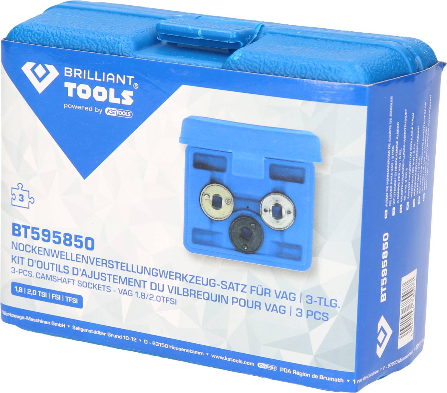 Zestaw narzędzi do regulacji wałka rozrządu do VAG, 3-częściowy. Zawiera adapter i obudowę, w kolorze niebieskim. Odpowiedni do silników 1.8/2.0 TFSI.