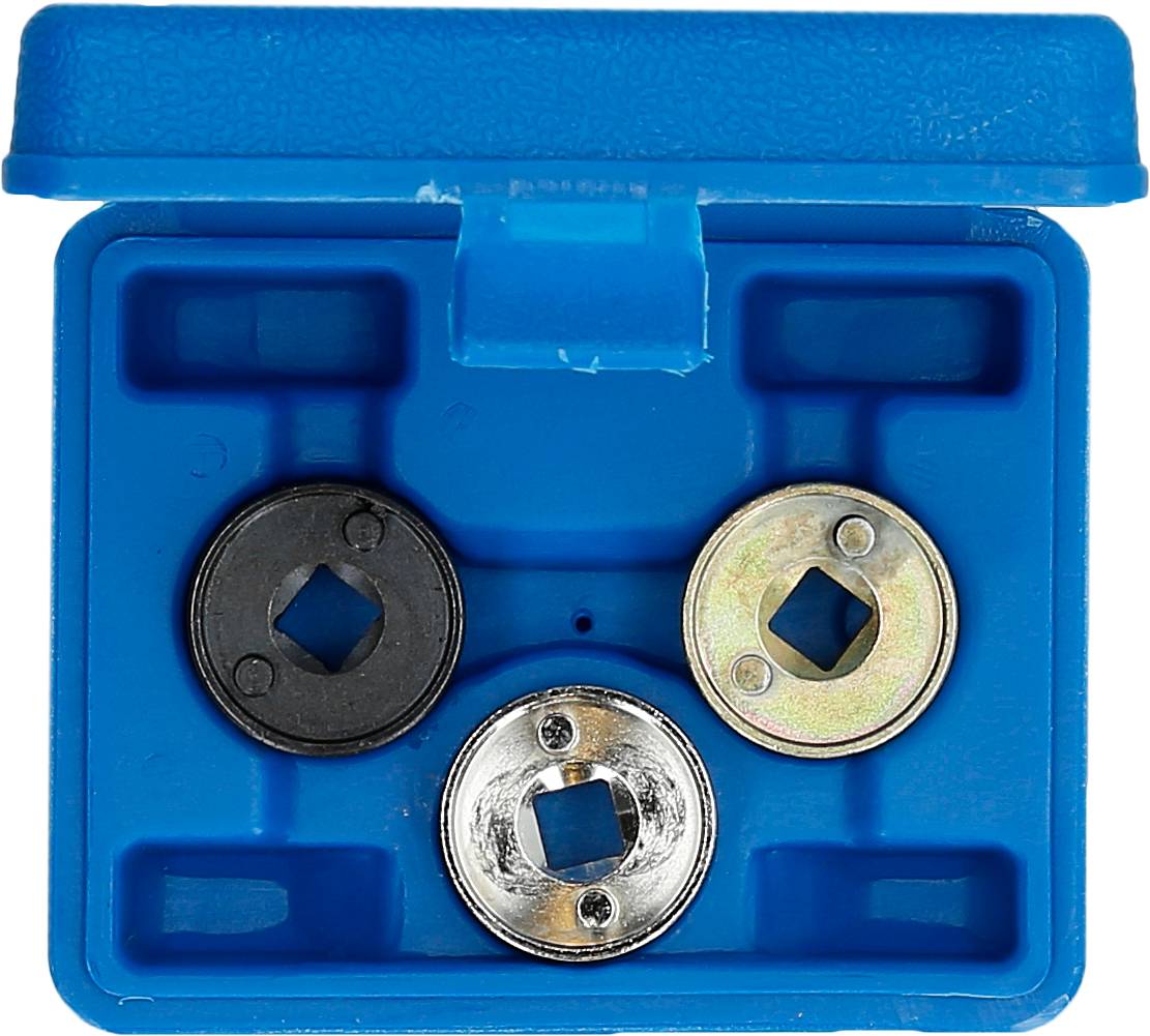 Trzy różne końcówki narzędziowe w niebieskim plastikowym pudełku.