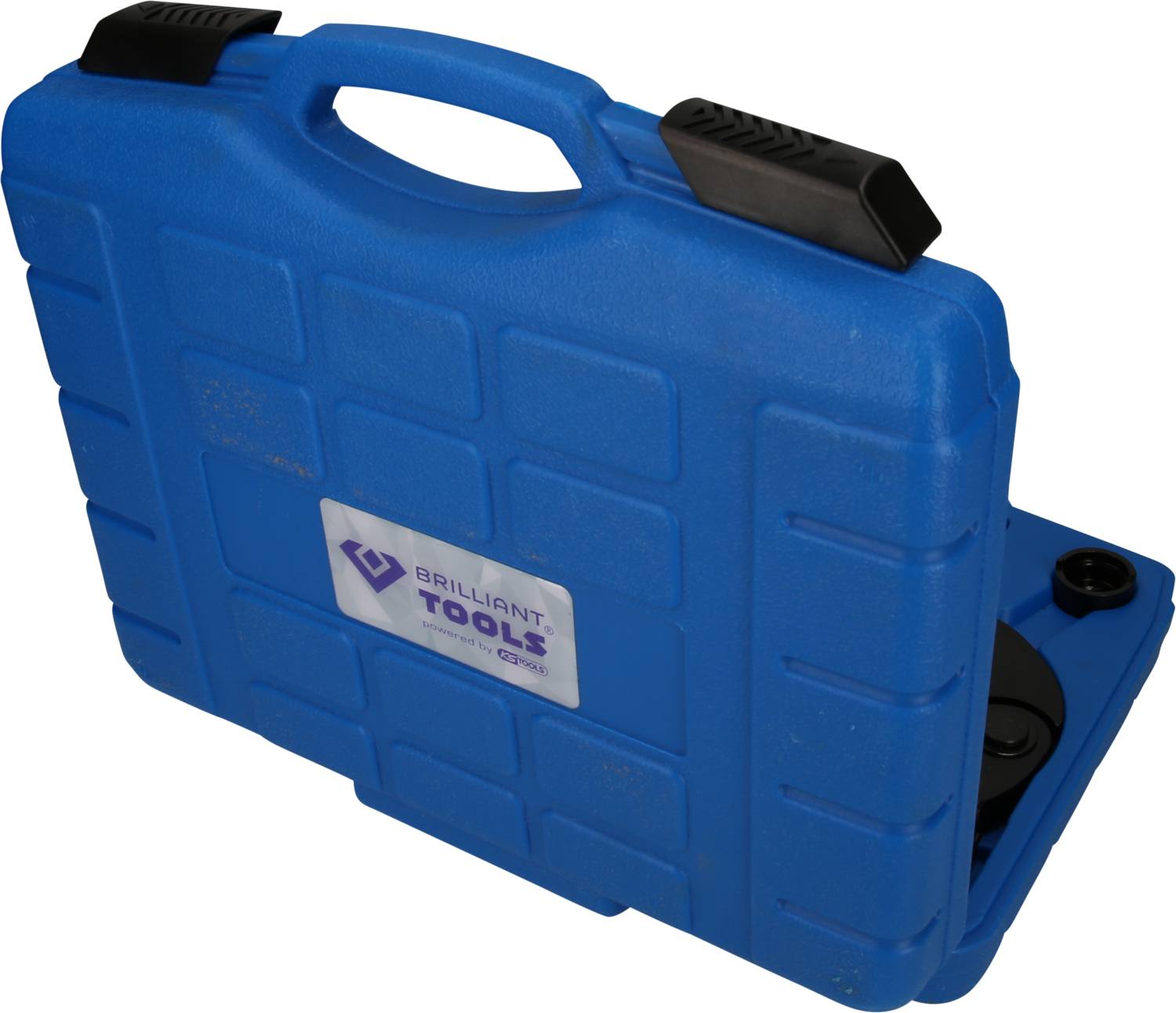 Niebieski walizka narzędziowa z nadrukiem 'Brilliant Tools'. Zawiera zestaw narzędzi do łożysk kół samochodowych, przydatny w naprawach samochodowych.
