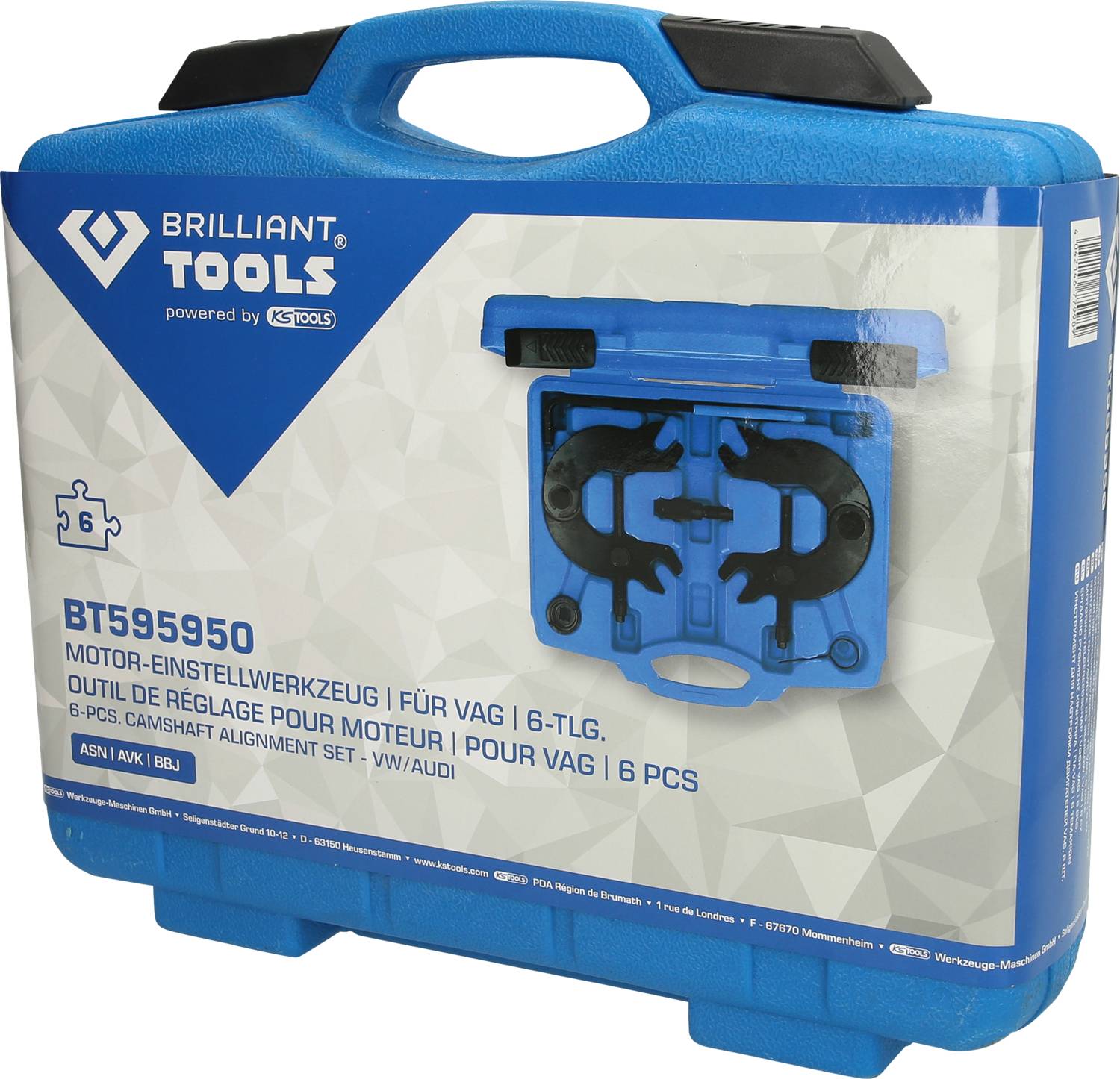 Niebieski kufer z napisem 'Narzędzie do ustawiania silnika, VW/Audi, 6-częściowy'. Zawiera narzędzia do regulacji silnika.