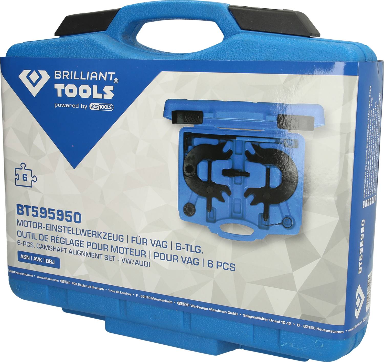 Niebieski zestaw narzędzi firmy Brilliant Tools, model BT595950, zawiera 6-częściowy zestaw narzędzi do ustawiania silników do pojazdów VAG.