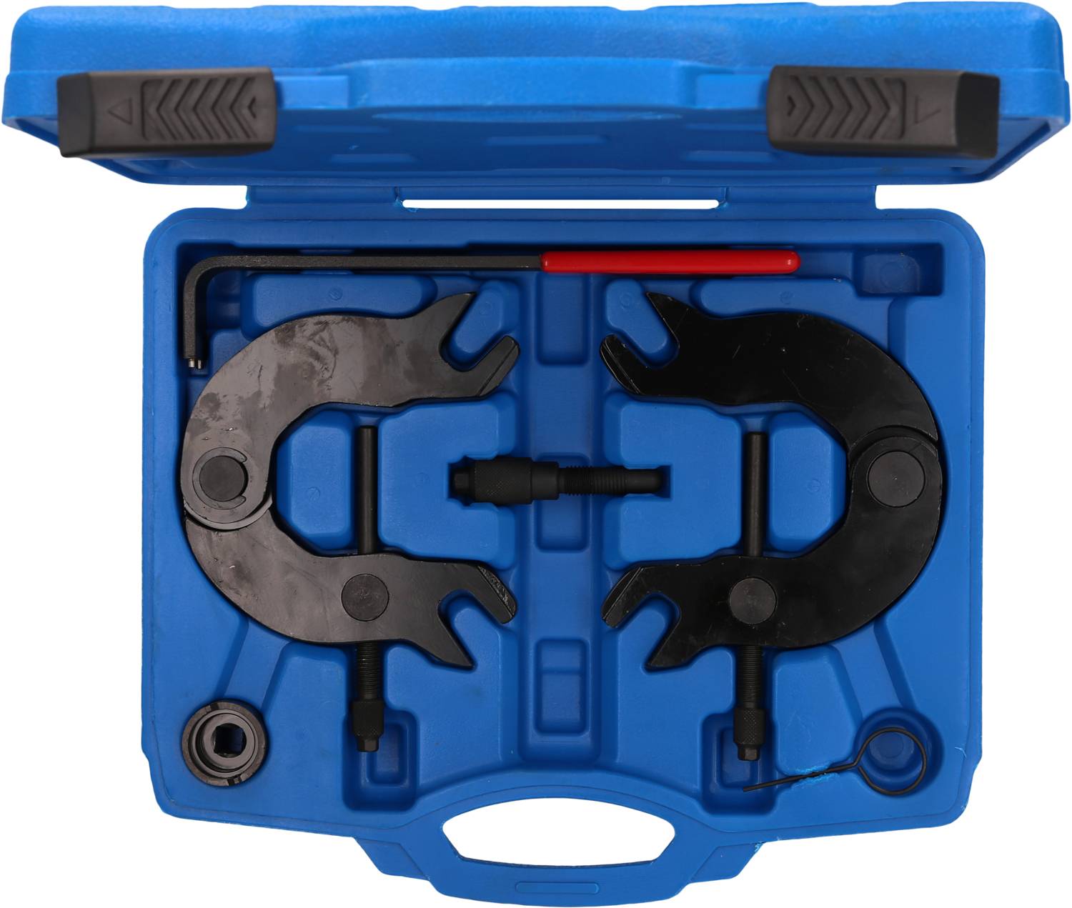 Niebieski kufer narzędziowy z otwartą pokrywą zawiera zestaw ściągaczy z czarnymi elementami metalowymi, w tym dwa haki i dodatkowe akcesoria.