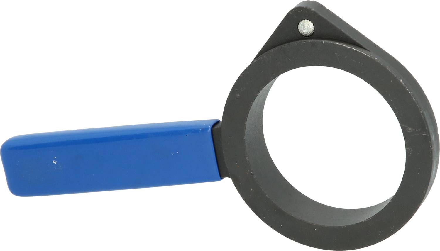 Okrągły czarny uchwyt z niebieskim uchwytem. Uchwyt jest płaski i prostokątny. Uchwyt posiada małą dziurkę do montażu.