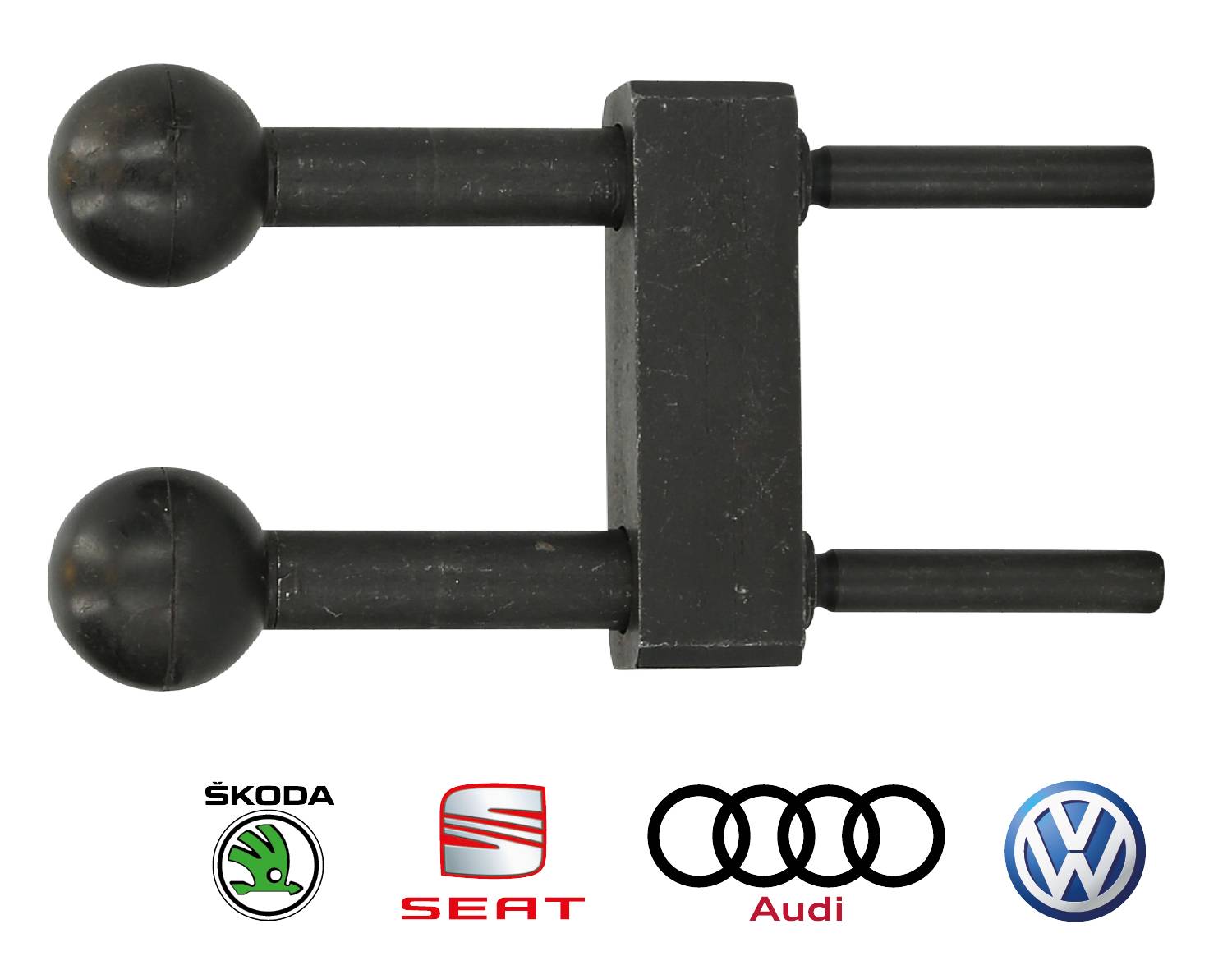 Czarne narzędzie z dwoma uchwytami kulistymi i dwoma sworzniami. Poniżej logotypy marek Škoda, Seat, Audi i Volkswagen.