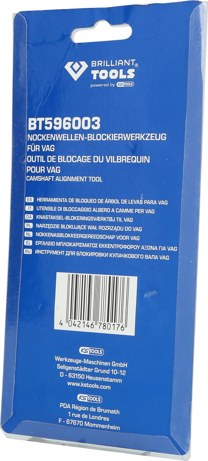 Niebieskie opakowanie narzędzia do blokowania wałka rozrządu marki 'Brilliant Tools', model BT596003, przeznaczone do pojazdów VAG.