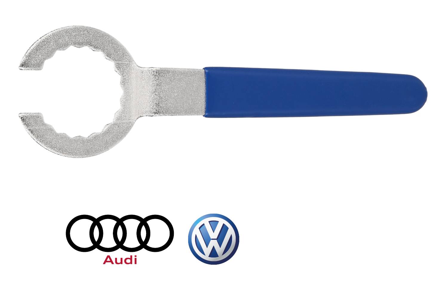 Srebrne narzędzie z niebieskim uchwytem, u dołu logo Audi i Volkswagena.