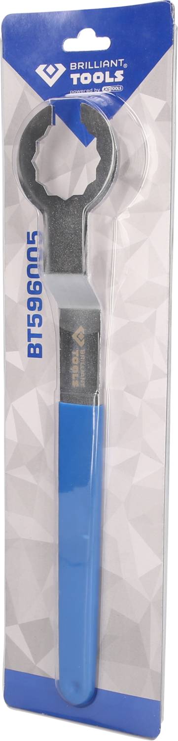 Niebieski klucz do beczek olejowych firmy Brilliant Tools, model BT590005, w niebiesko-białym opakowaniu.