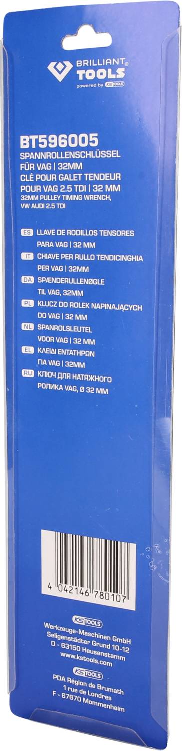 Niebieski karton dla Brilliant Tools BT596005 - Sworzeń napinający. Zawiera szczegóły dotyczące rozmiaru śrub oraz zalecenia użytkowania.