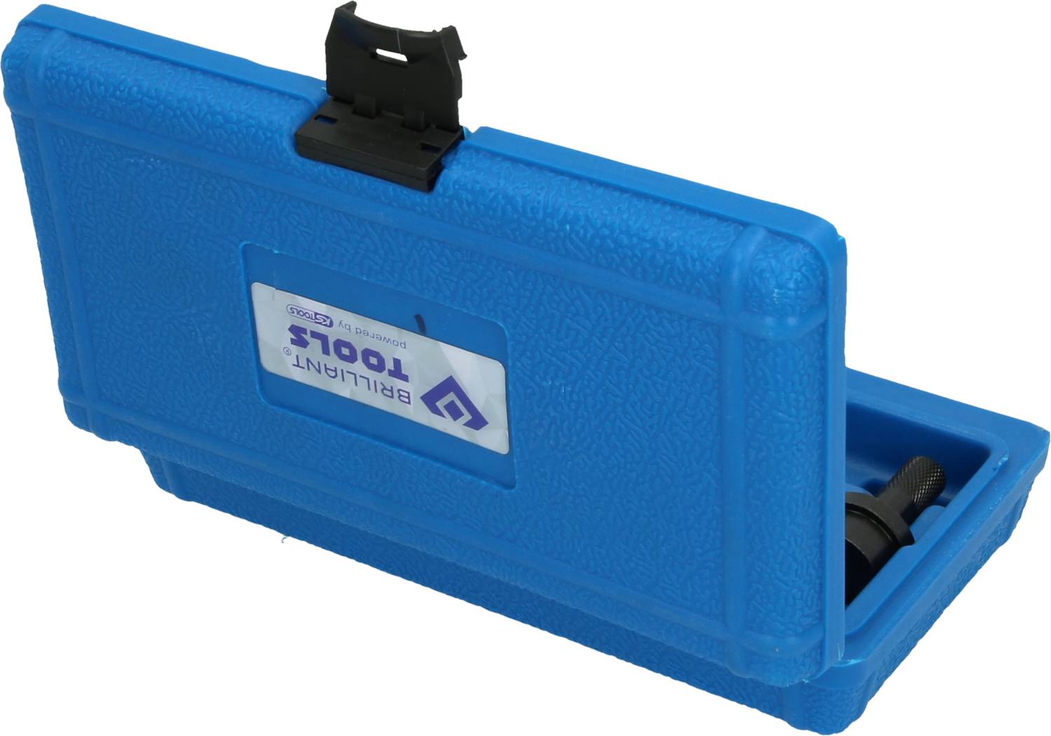 Niebieska skrzynka narzędziowa z tworzywa sztucznego, częściowo otwarta, z widocznymi narzędziami w środku. Tekst na skrzynce: 'Brilliant Tools'.