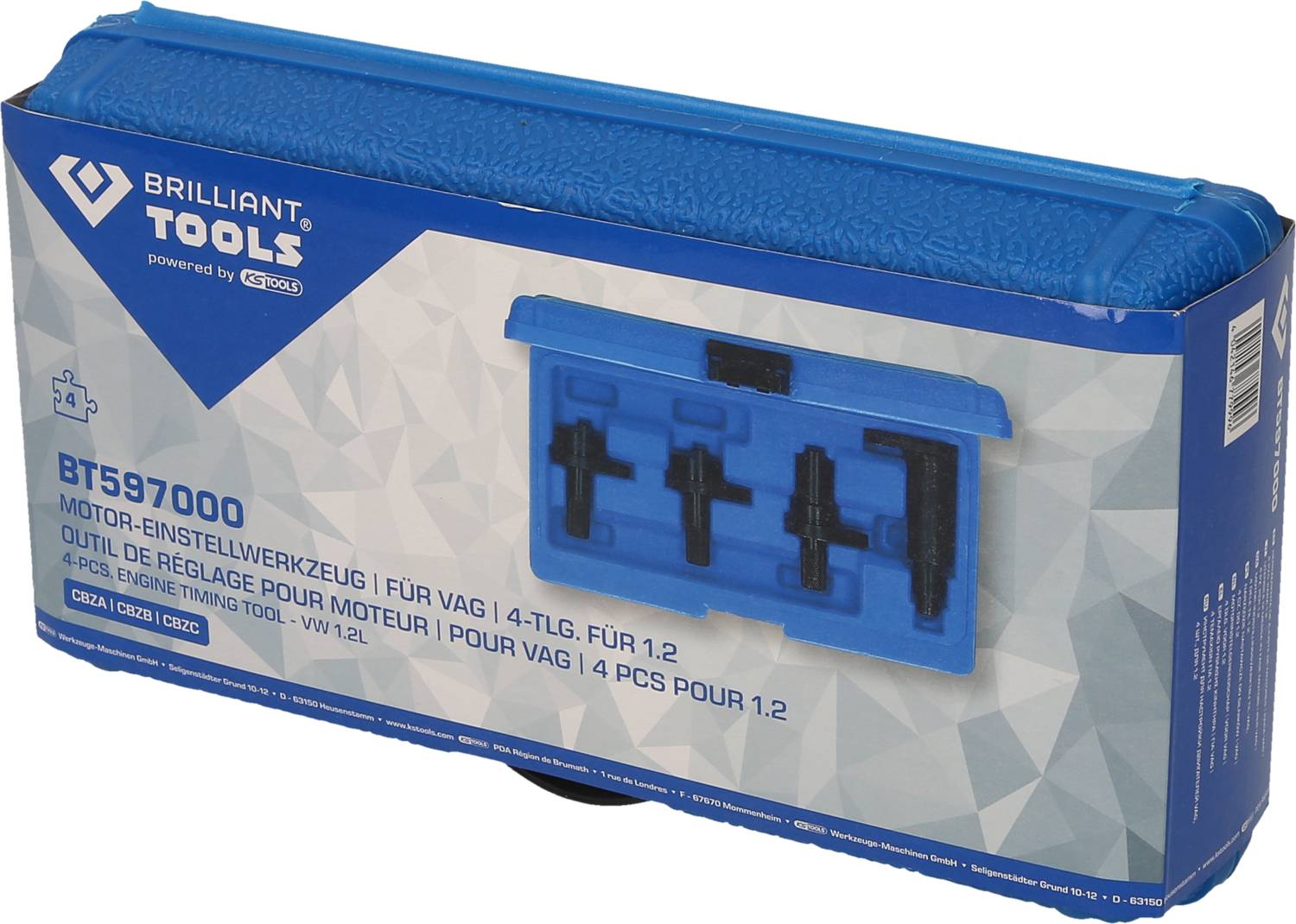 Zestaw narzędzi do ustawiania silnika Brilliant Tools BT597000 dla silników VAG 1,2 litra, utrzymany głównie w kolorze niebieskim, składający się z 4 elementów.