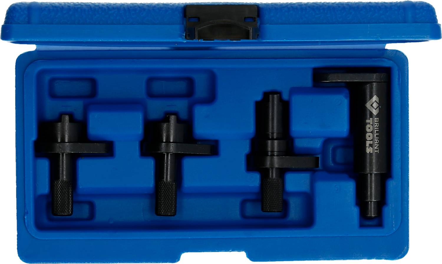 Cztery czarne metalowe narzędzia w niebieskim plastikowym etui, prawdopodobnie do naprawy lub konserwacji, czysto ułożone w specjalnych zagłębieniach.