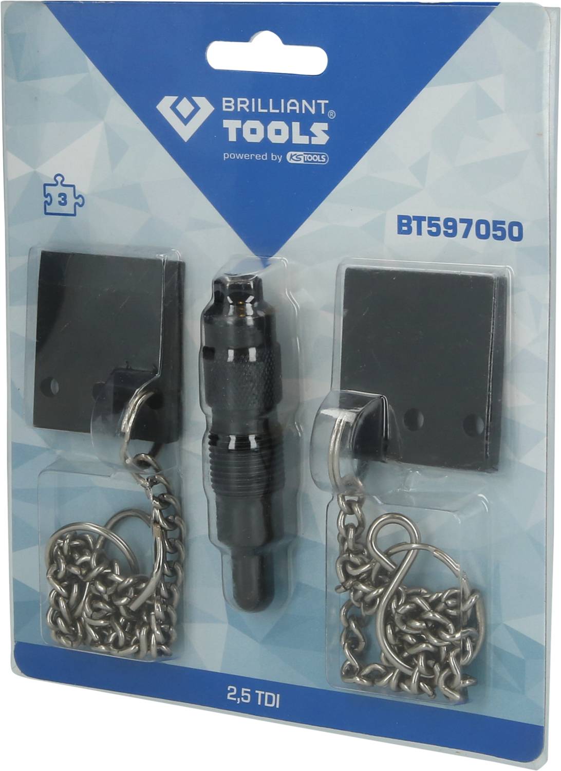 Opakowanie narzędzia samochodowego z napisem 'Brilliant Tools'. Zawiera dwa łańcuchy z klipsami oraz czarny uchwyt.