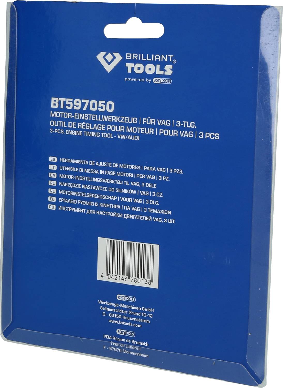 Niebieski karton opakowaniowy na narzędzie do ustawiania silnika firmy Brilliant Tools. Prezentuje numer produktu oraz opis zastosowania dla silników VAG.