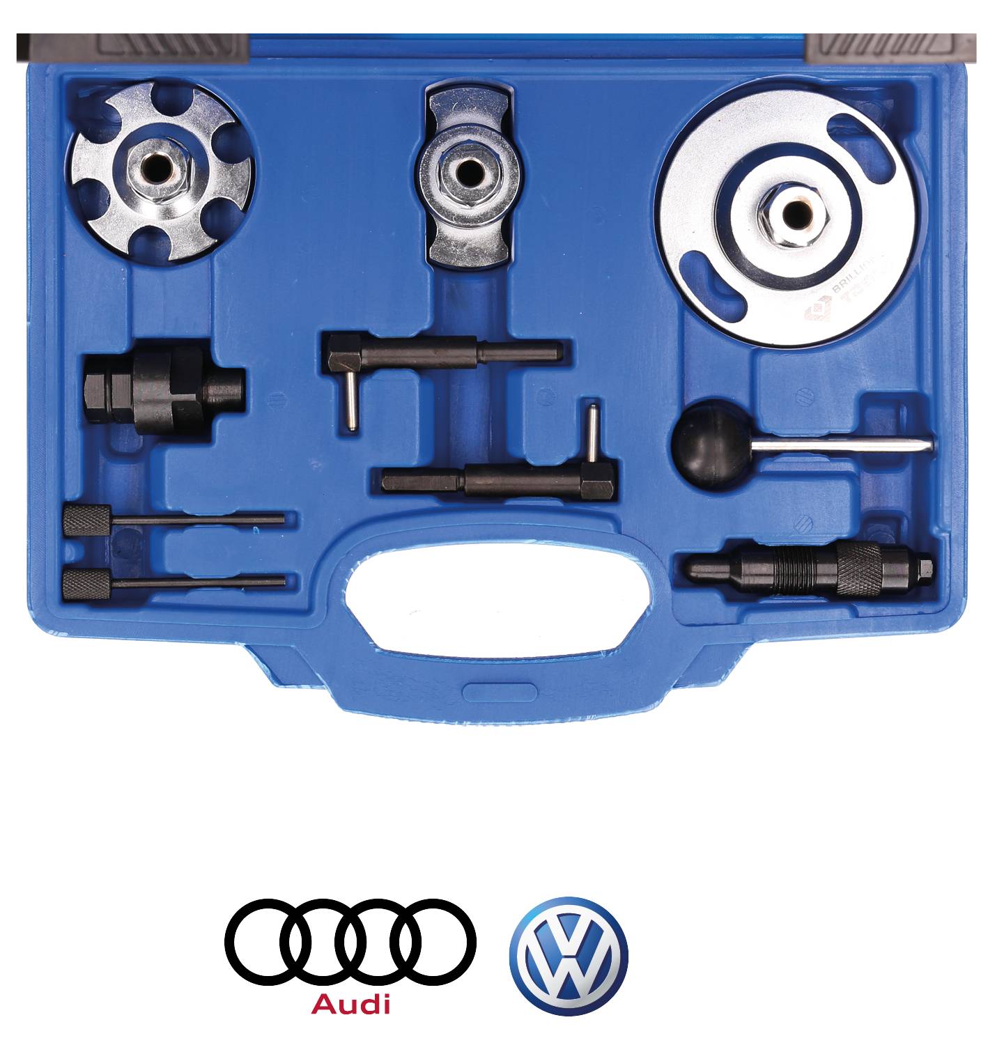 Zestaw narzędzi do sterowania silnikiem Audi i VW, składający się z różnych narzędzi w niebieskiej plastikowej walizce.