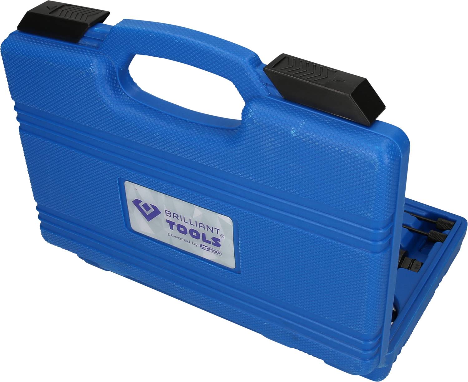 Niebieski plastikowy kufer na narzędzia z logo 'Brilliant Tools' pośrodku, lekko otwarty, z czarną rączką u góry.