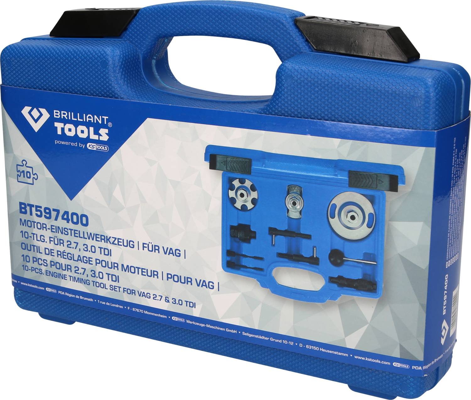 Niebieski kufer z logo 'Brilliant Tools'. Zawiera 10-częściowy zestaw narzędzi do ustawiania silnika dla samochodów VAG 2.7, 3.0 TDI.