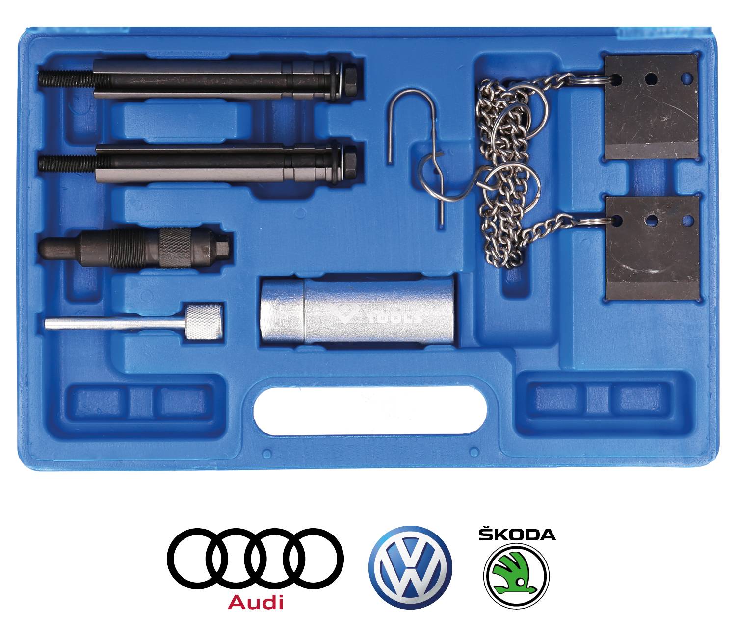 Zestaw narzędzi w niebieskim pudełku, zawierający narzędzia do obsługi technicznej pojazdu. Poniżej znajdują się logo Audi, Volkswagena i Skody.