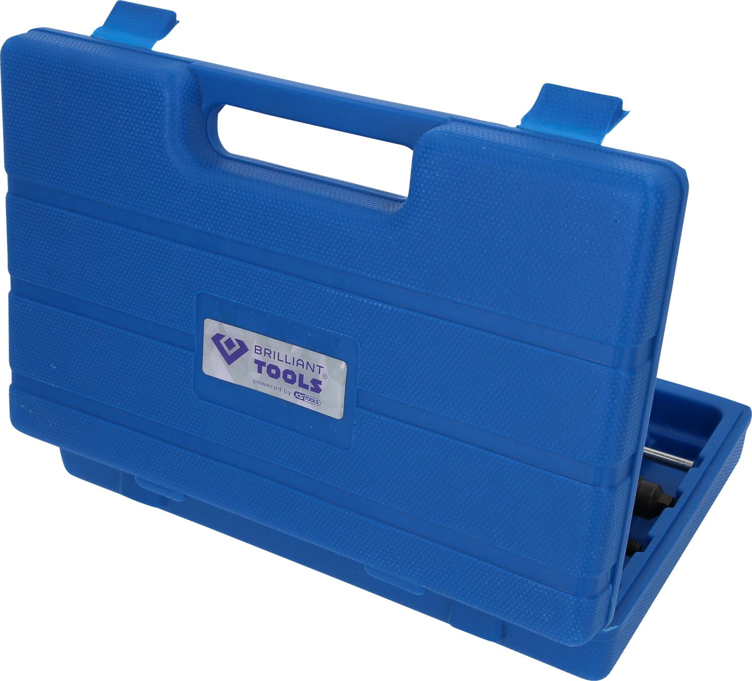 Niebieski kufer na narzędzia z uchwytem transportowym, otwarty, ukazujący wnętrze z różnymi narzędziami. Logo Brilliant Tools na przedniej stronie.