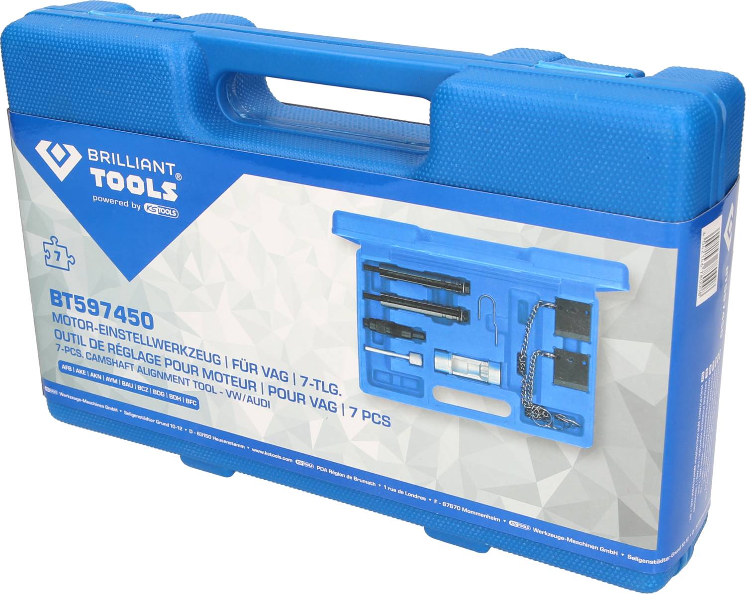 Niebieski kufer z zestawem narzędzi do regulacji silnika pojazdu, 7-elementowy, przeznaczony do modeli VAG. Nazwa produktu 'BTS97450' na etykiecie.