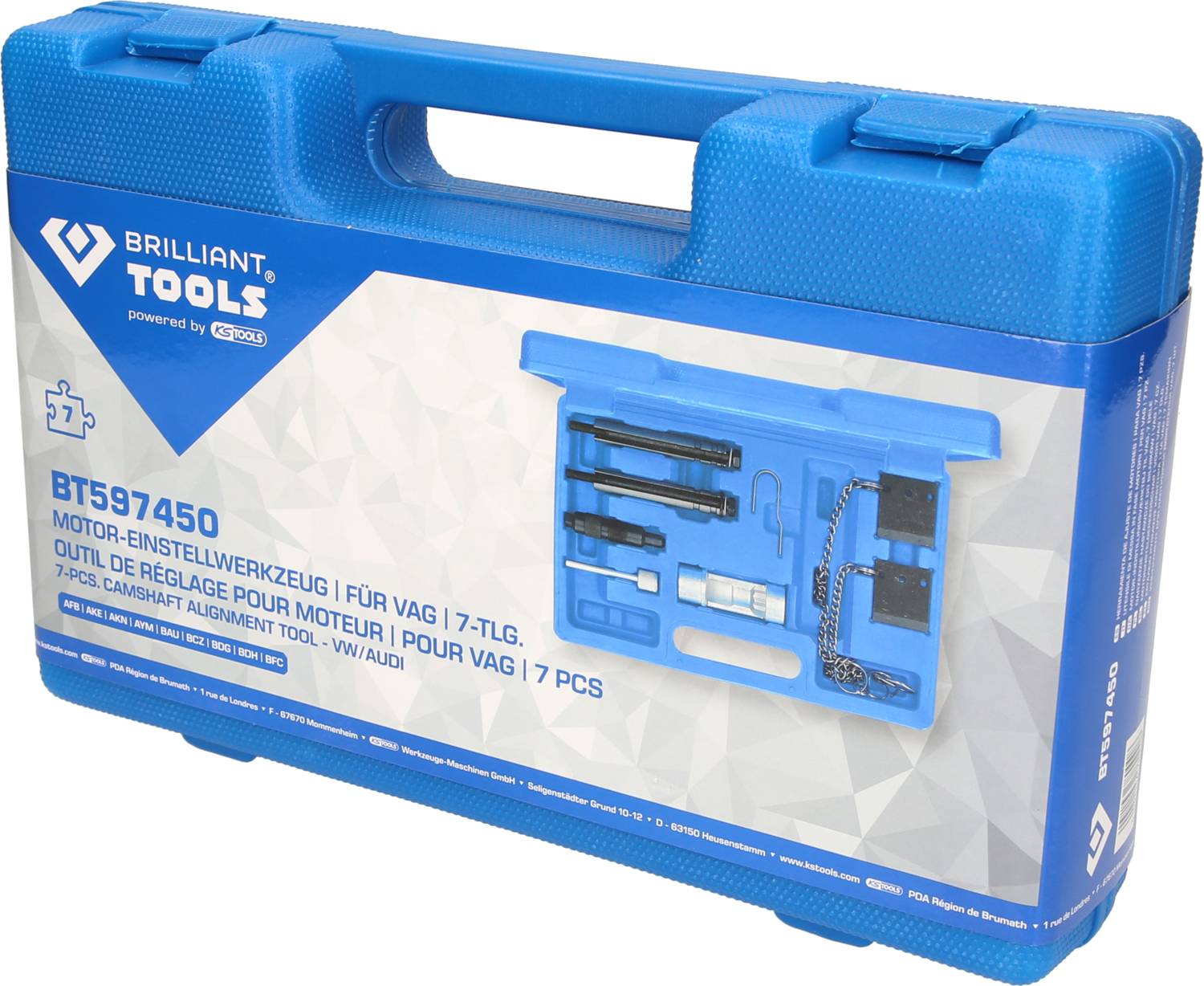 Niebieski walizka narzędziowa z logo 'Brilliant Tools'. Zawiera 7-częściowy zestaw narzędzi do ustawiania silnika do samochodów VAG.