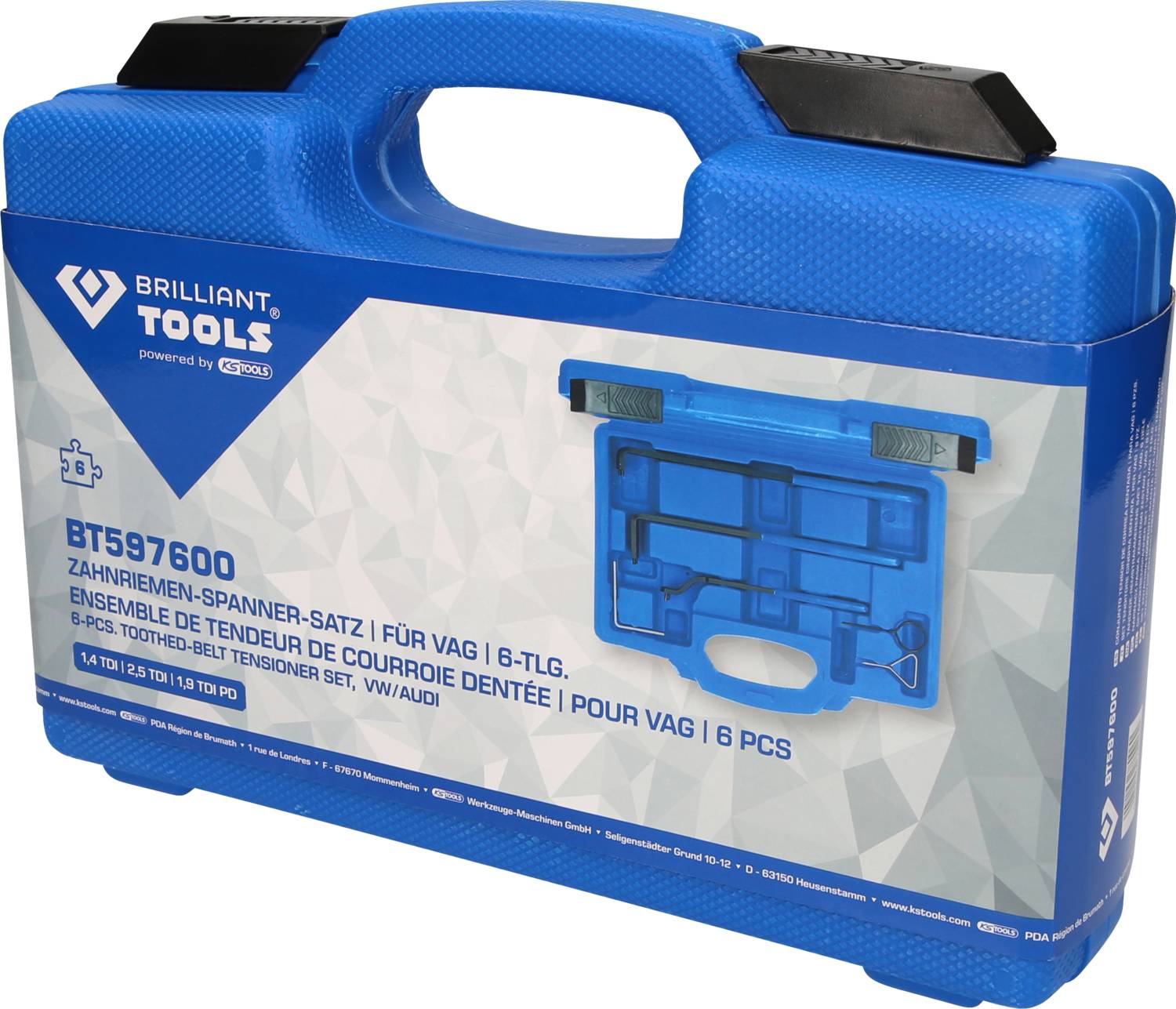 Niebieski kufer z napisem 'Brilliant Tools BT597600 Zestaw narzędzi do napinacza paska rozrządu do VAG, 8-częściowy'. Zawiera wyspecjalizowane narzędzia.
