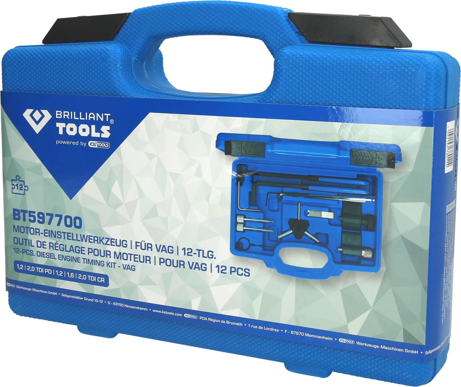 Zestaw narzędzi 'Brilliant Tools' w niebieskiej plastikowej walizce do ustawiania silnika, 12-częściowy, do VW/Audi/Seat/Skoda, z ilustracjami narzędzi.