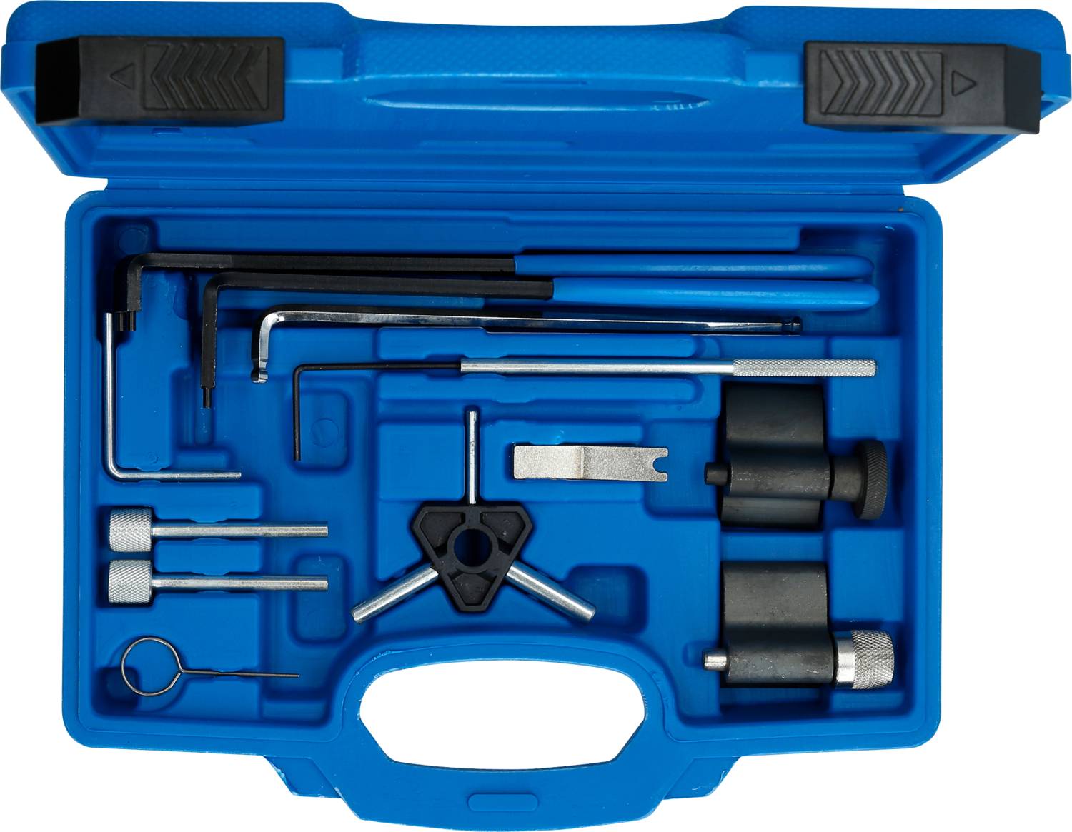 Niebieski skrzynka narzędziowa z różnymi metalowymi narzędziami i akcesoriami, w tym kluczami imbusowymi i adapterami, ułożonymi w schludnym porządku.