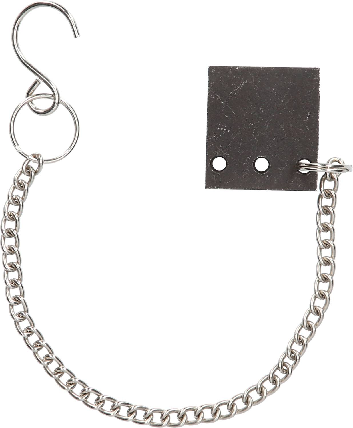 Metalowy łańcuch z hakiem i prostokątną płytką.