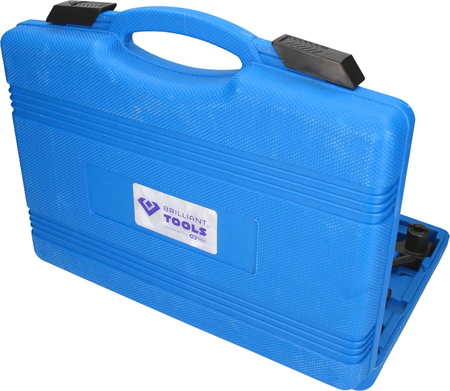 Niebieski pojemnik na narzędzia z uchwytem, częściowo otwarty. Zawiera różne narzędzia marki 'Brilliant Tools'.
